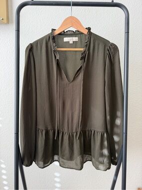 Loft Petite Olive Green Ruffle Neck Peplum Blouse | Size LP
